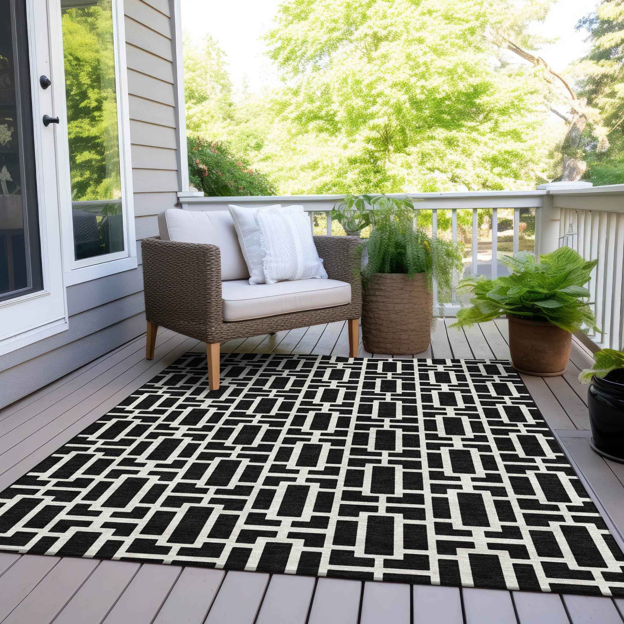 10' X 14' Black And Ivory Geometric Washable Indoor Outdoor Area Rug