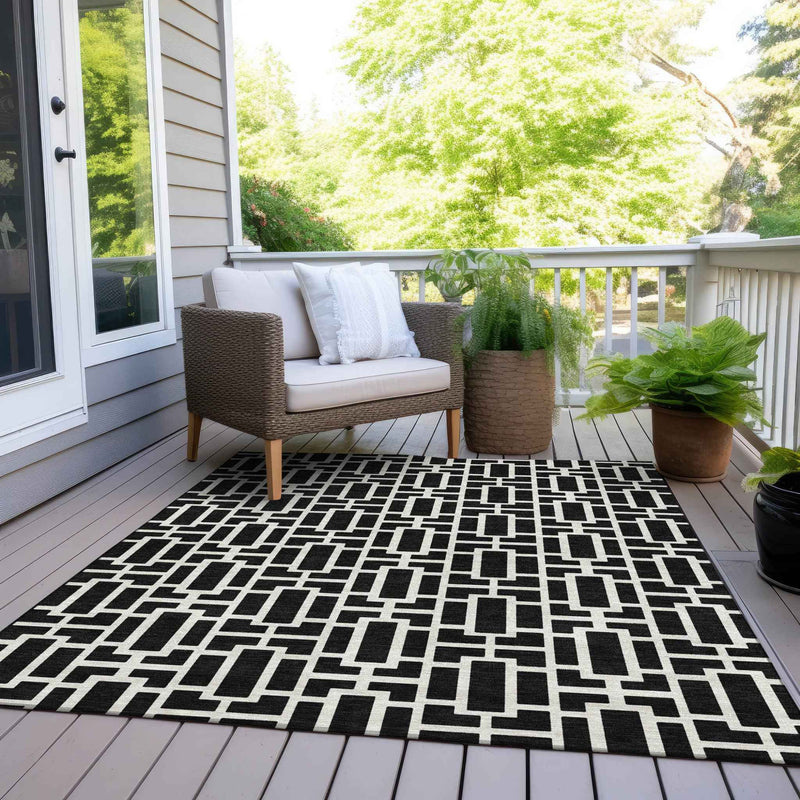 10' X 14' Black And Ivory Geometric Washable Indoor Outdoor Area Rug