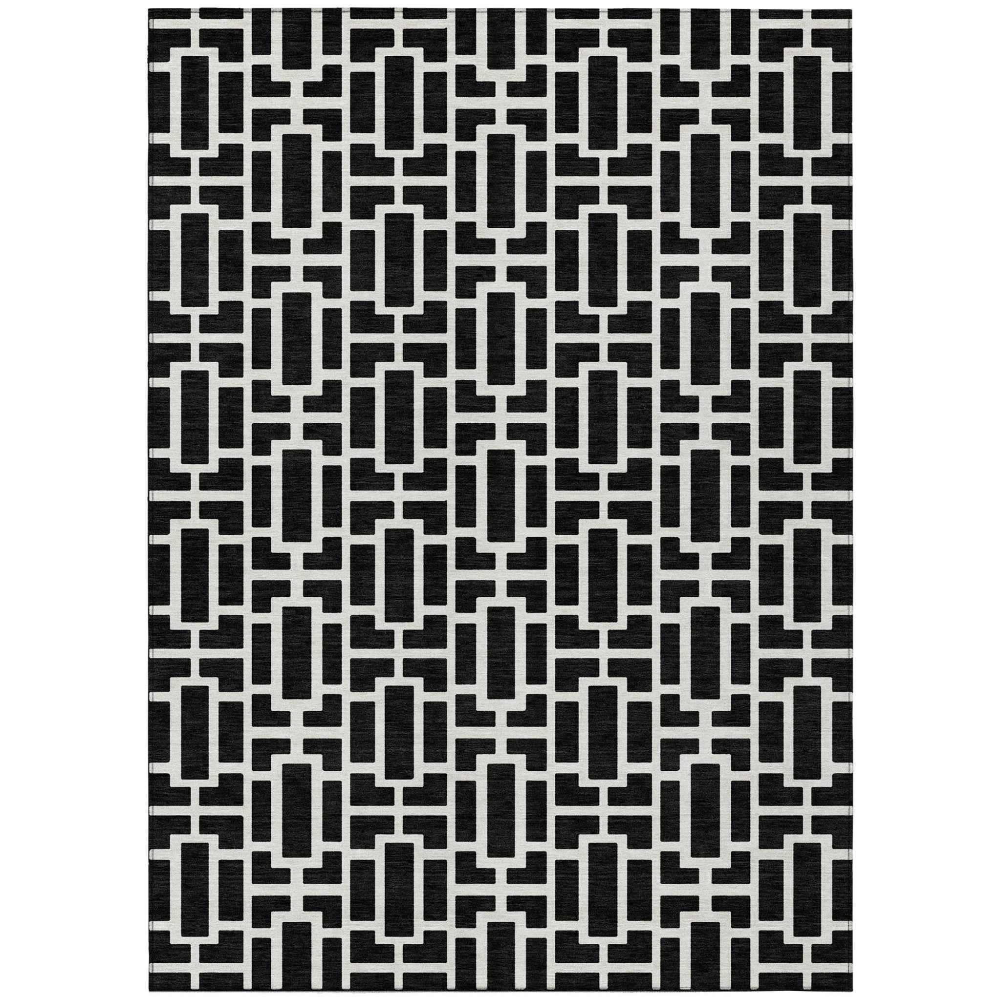 10' X 14' Black And Ivory Geometric Washable Indoor Outdoor Area Rug
