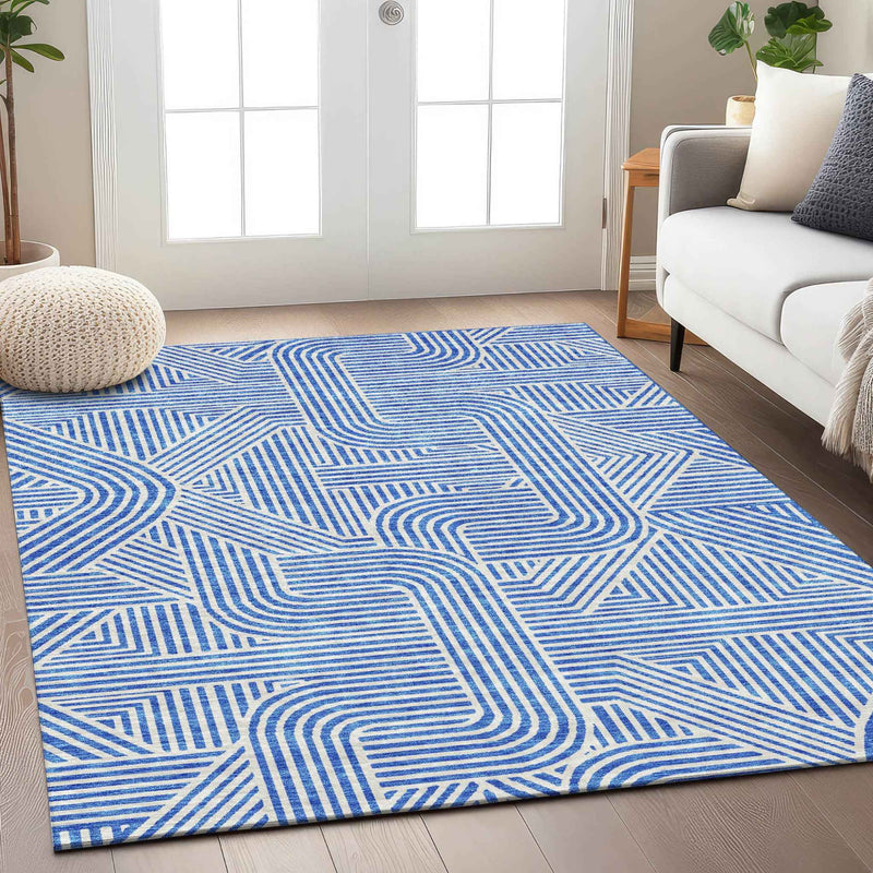3' X 5' Blue And Ivory Abstract Washable Indoor Outdoor Area Rug