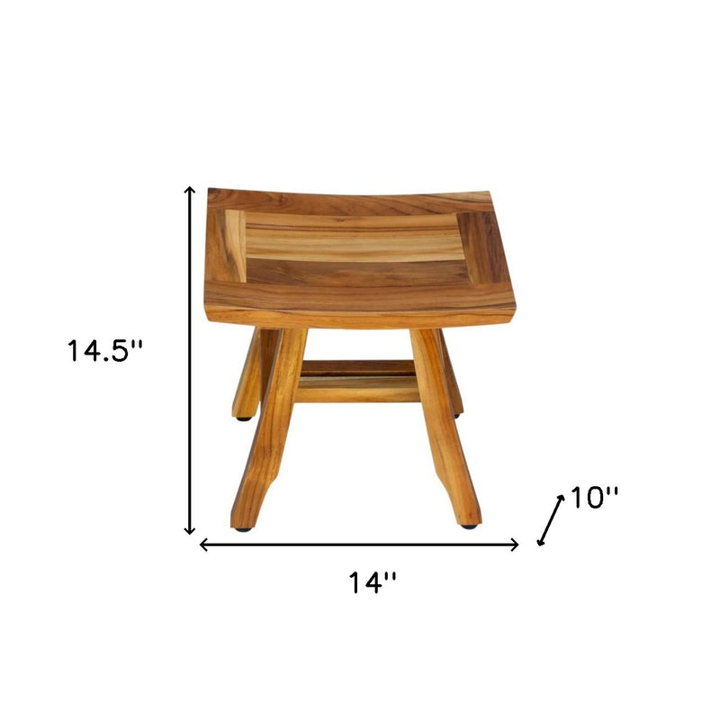 Teak shower bench dimension diagram with curved slatted top and tapered legs