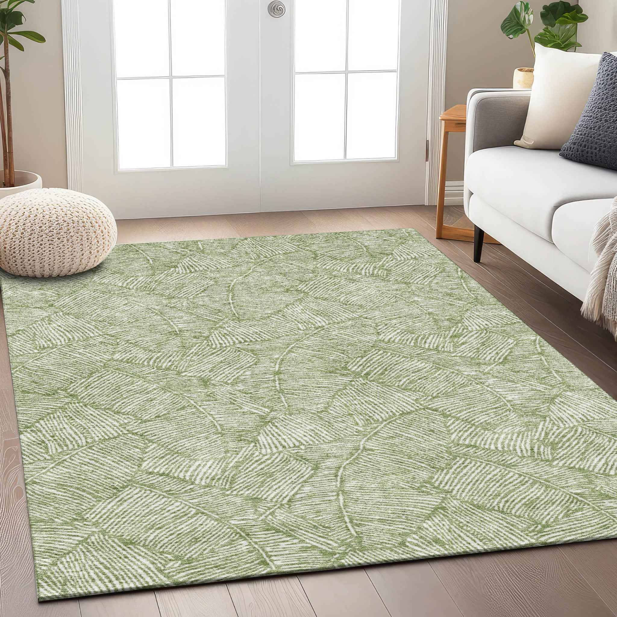 10' X 14' Green And Ivory Floral Washable Indoor Outdoor Area Rug