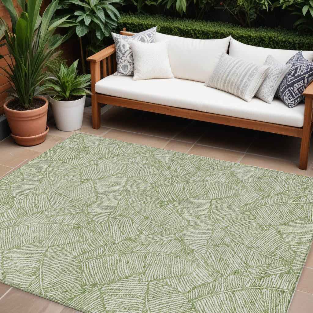 10' X 14' Green And Ivory Floral Washable Indoor Outdoor Area Rug