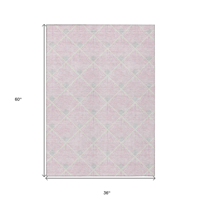 3' X 5' Pink Gray And Ivory Geometric Washable Indoor Outdoor Area Rug