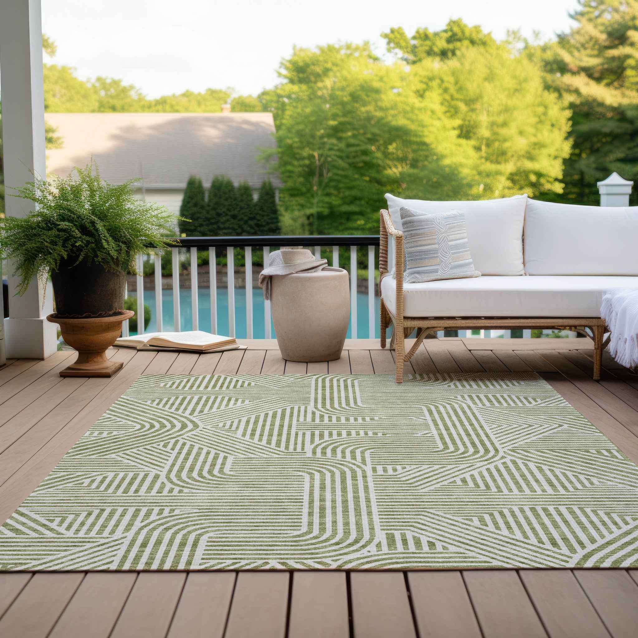 9' X 12' Artichoke Green And Ivory Abstract Washable Indoor Outdoor Area Rug