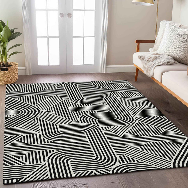 3' X 5' Black And Ivory Abstract Washable Indoor Outdoor Area Rug