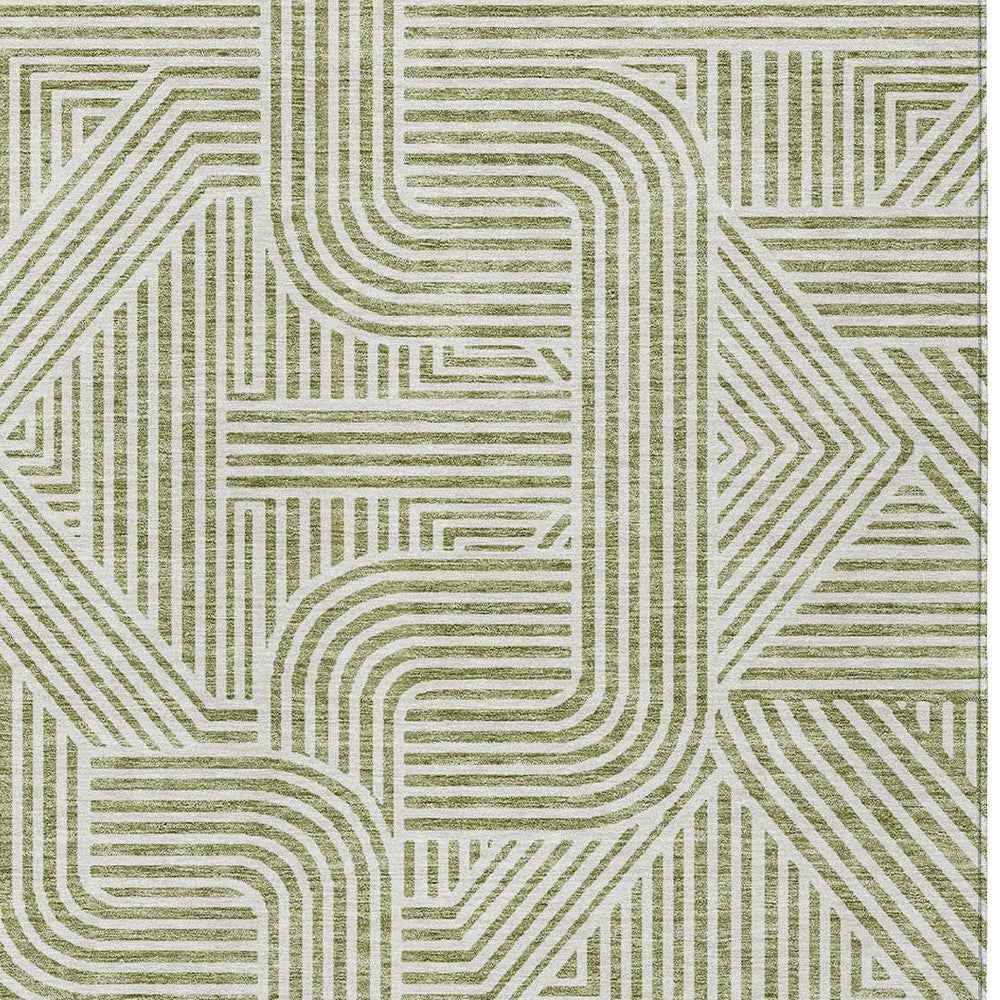 9' X 12' Artichoke Green And Ivory Abstract Washable Indoor Outdoor Area Rug