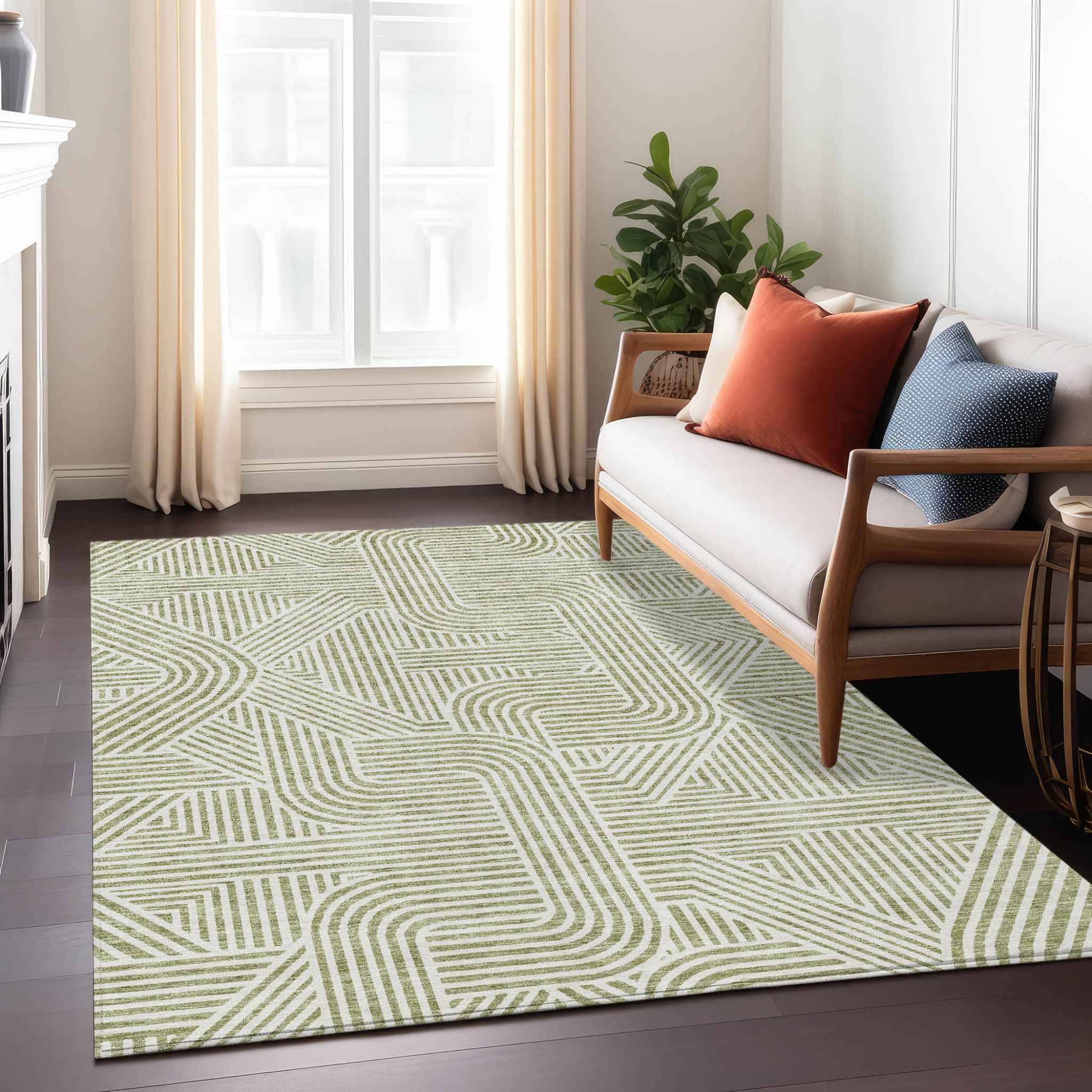 9' X 12' Artichoke Green And Ivory Abstract Washable Indoor Outdoor Area Rug