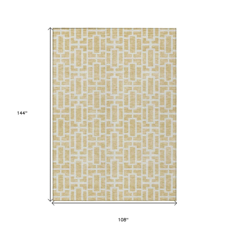 9' X 12' Wheat And Ivory Geometric Washable Indoor Outdoor Area Rug