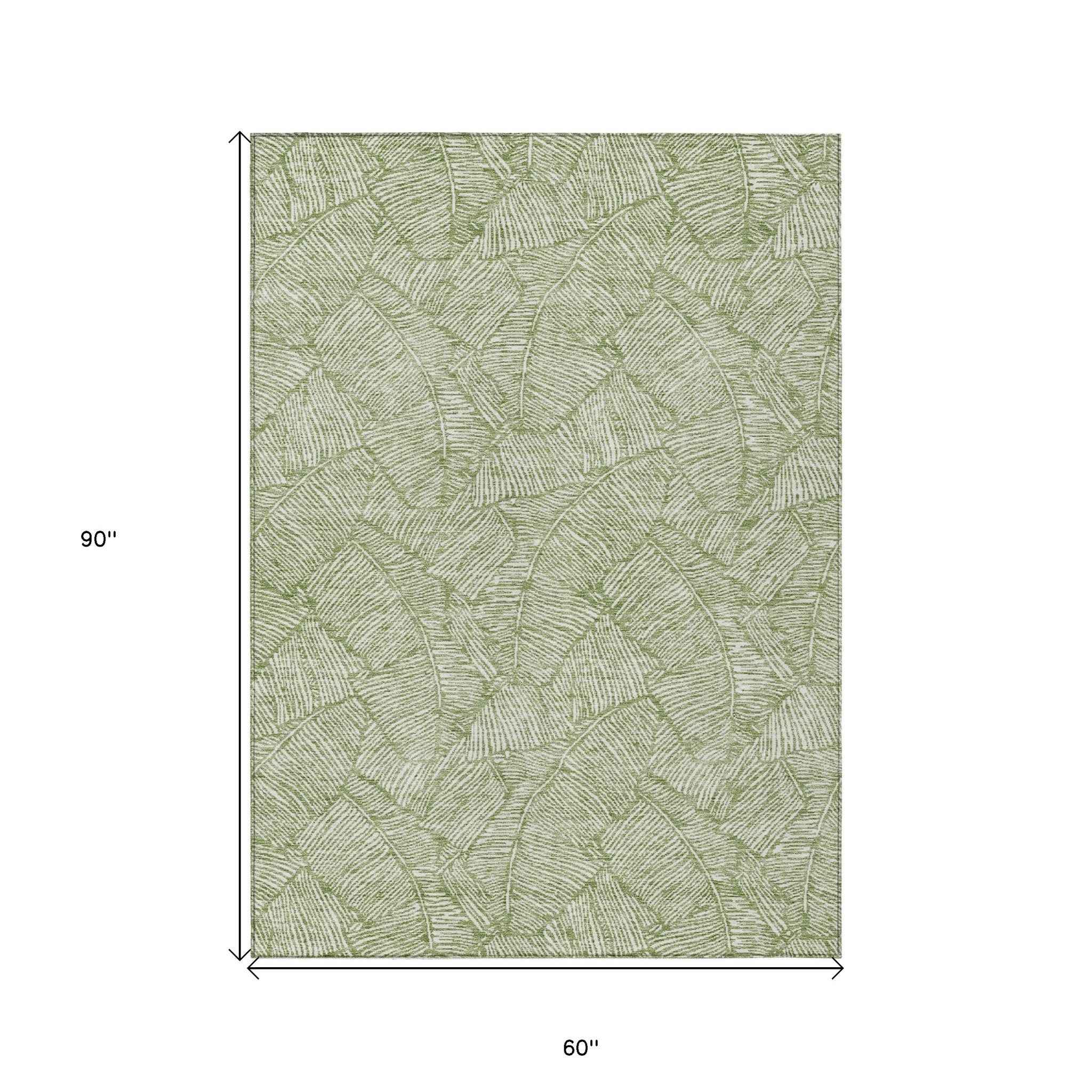 5' X 8' Green And Ivory Floral Washable Indoor Outdoor Area Rug