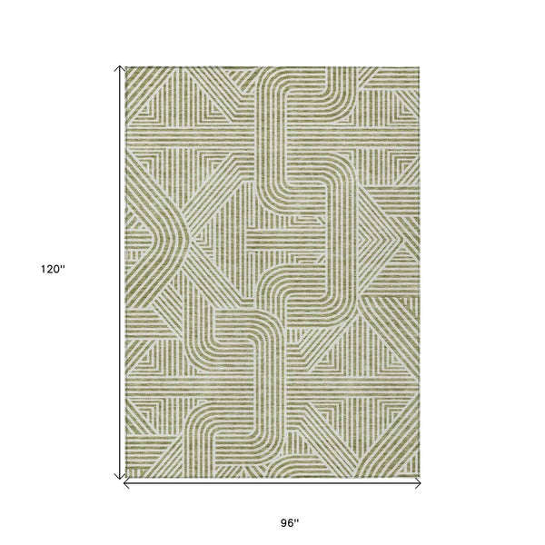 8' X 10' Artichoke Green And Ivory Abstract Washable Indoor Outdoor Area Rug