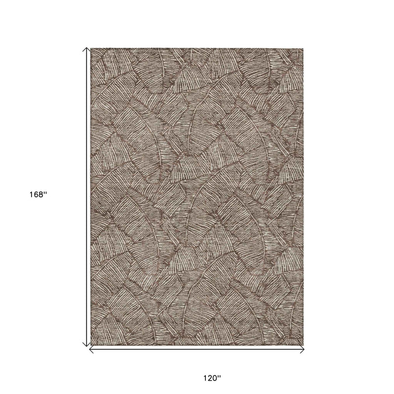 10' X 14' Brown And Beige Floral Washable Indoor Outdoor Area Rug