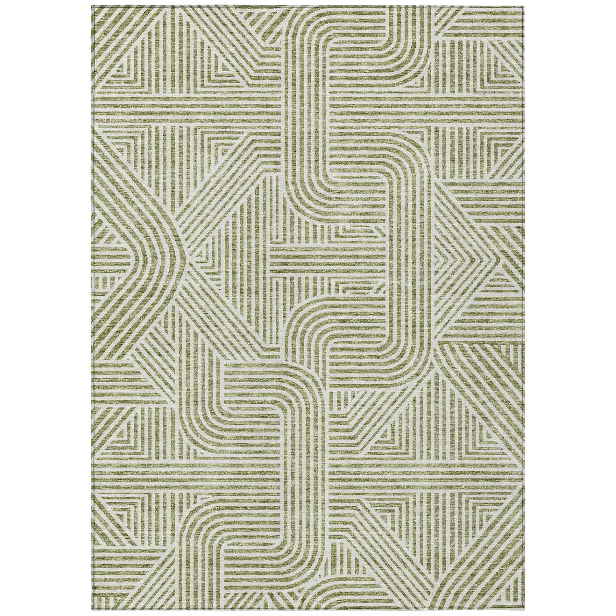 8' X 10' Artichoke Green And Ivory Abstract Washable Indoor Outdoor Area Rug