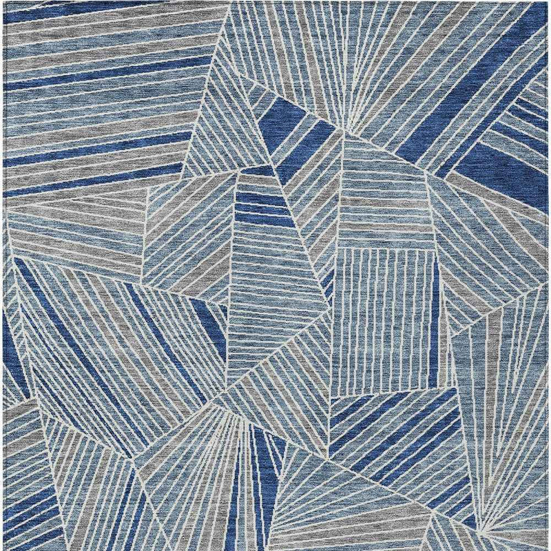 9' X 12' Denim Blue Gray And Ivory Geometric Washable Indoor Outdoor Area Rug