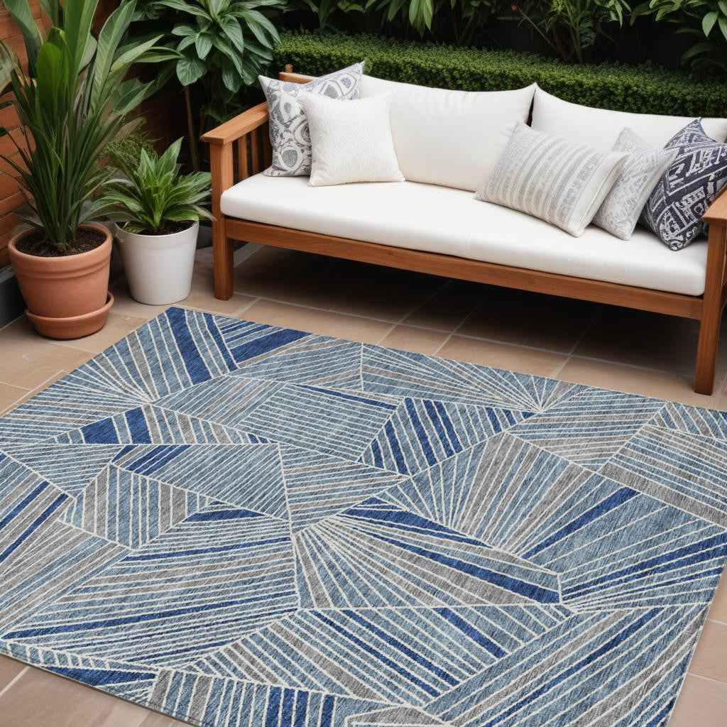 9' X 12' Denim Blue Gray And Ivory Geometric Washable Indoor Outdoor Area Rug