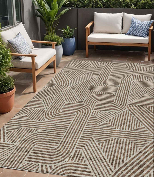 5' X 8' Brown And Beige Abstract Washable Indoor Outdoor Area Rug