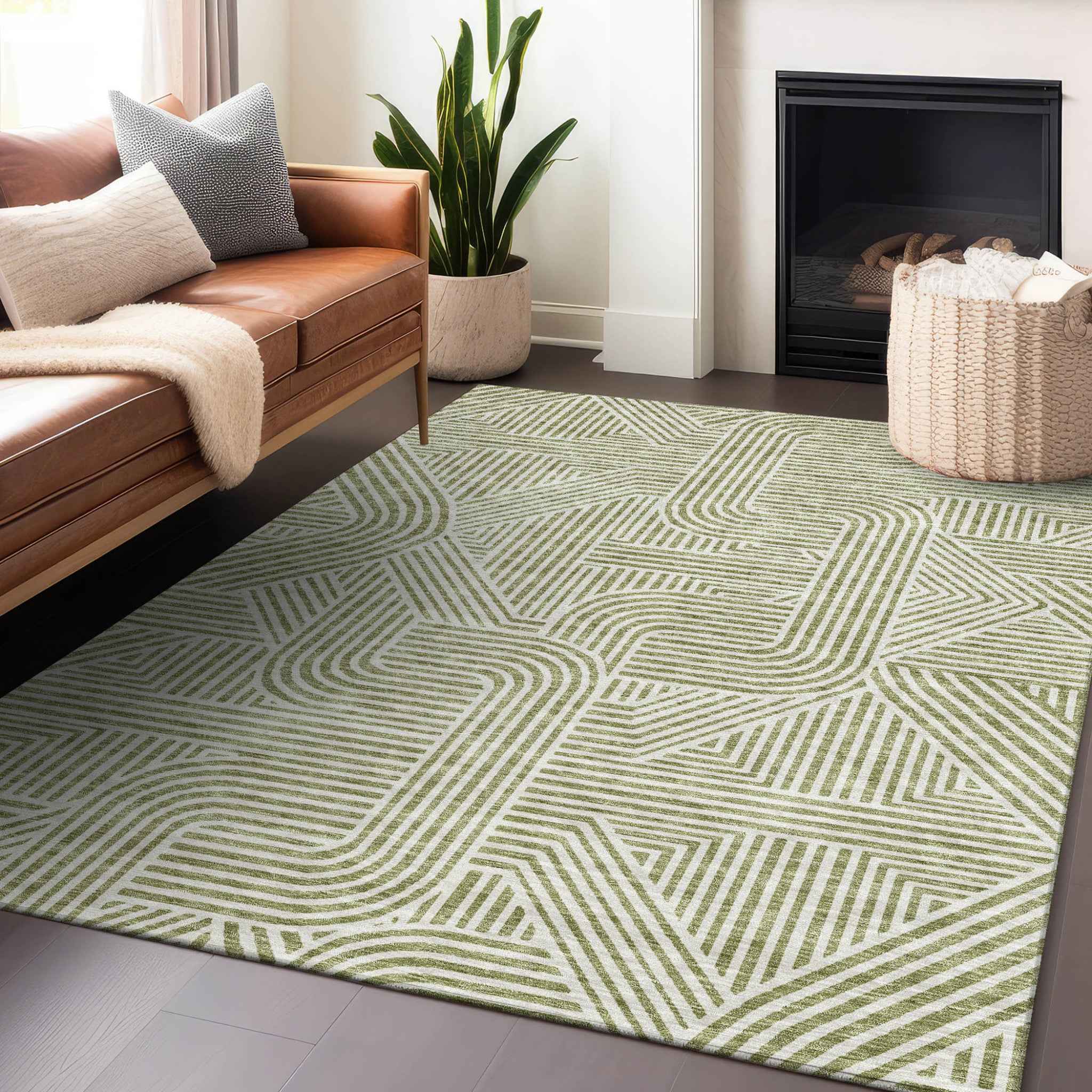 8' X 10' Artichoke Green And Ivory Abstract Washable Indoor Outdoor Area Rug
