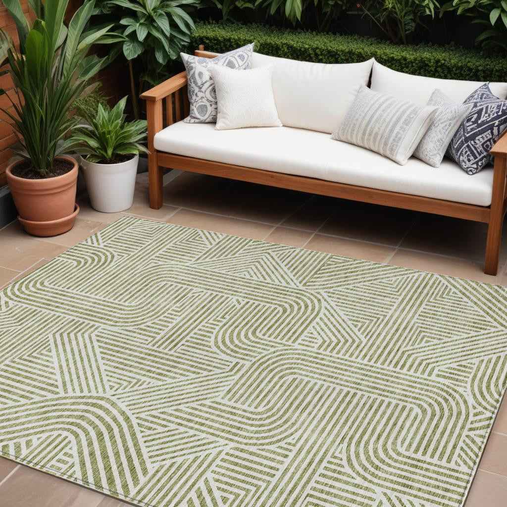 8' X 10' Artichoke Green And Ivory Abstract Washable Indoor Outdoor Area Rug