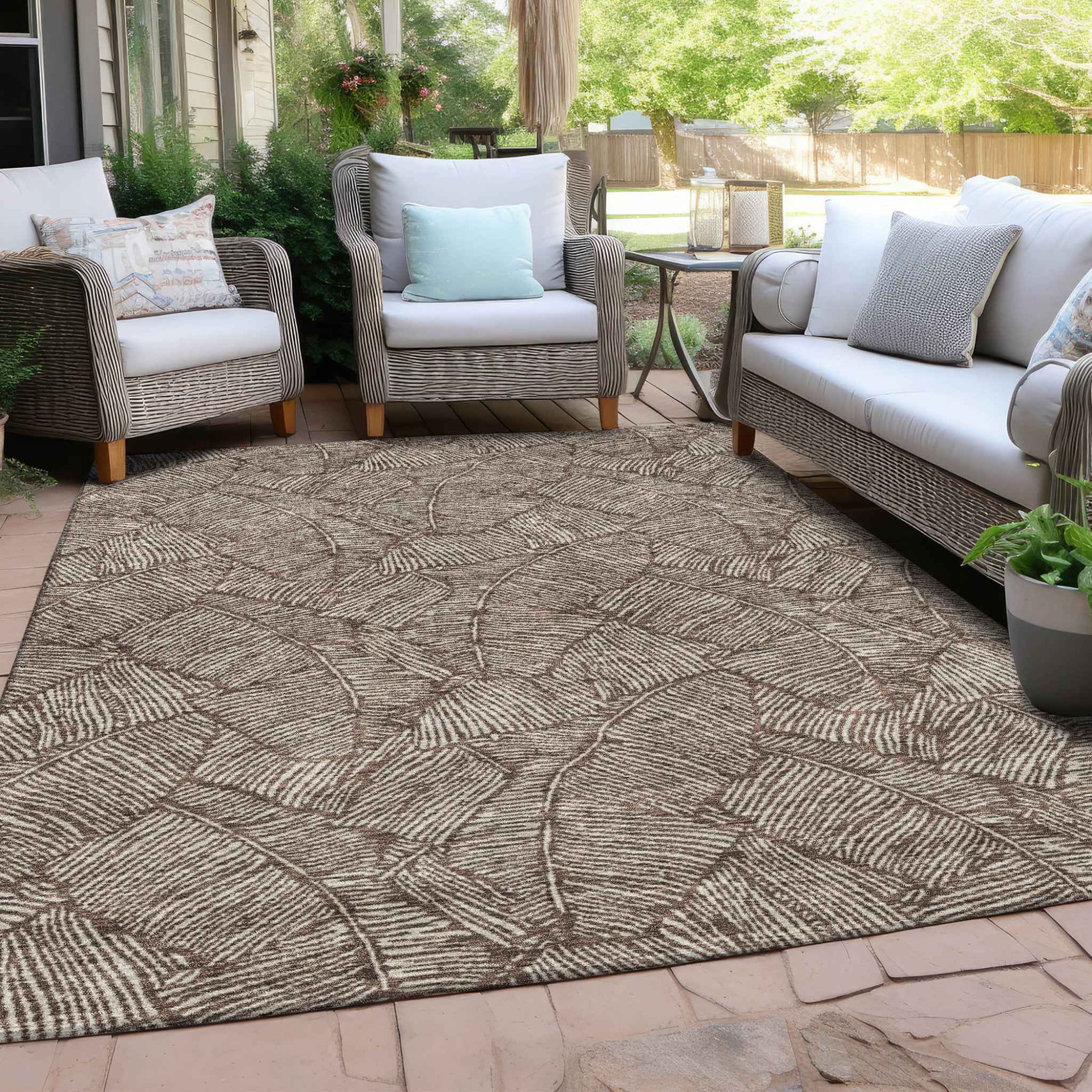 10' X 14' Brown And Beige Floral Washable Indoor Outdoor Area Rug
