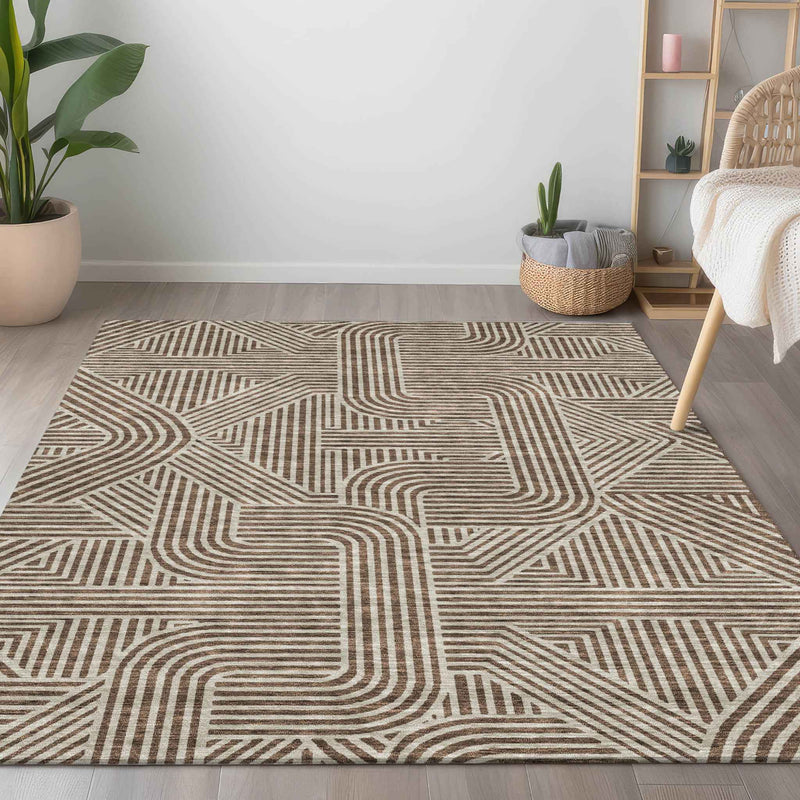 5' X 8' Brown And Beige Abstract Washable Indoor Outdoor Area Rug