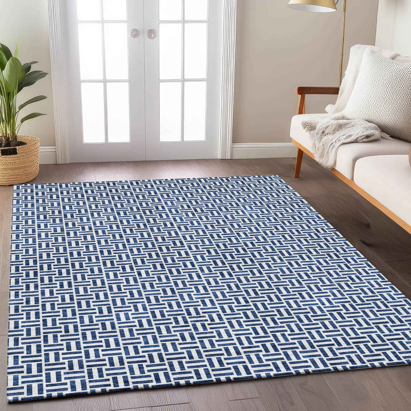 5' X 8' Navy Blue And Gray Geometric Washable Indoor Outdoor Area Rug
