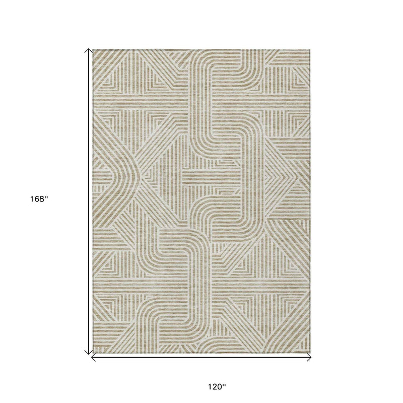 10' X 14' Beige And Brown Abstract Washable Indoor Outdoor Area Rug