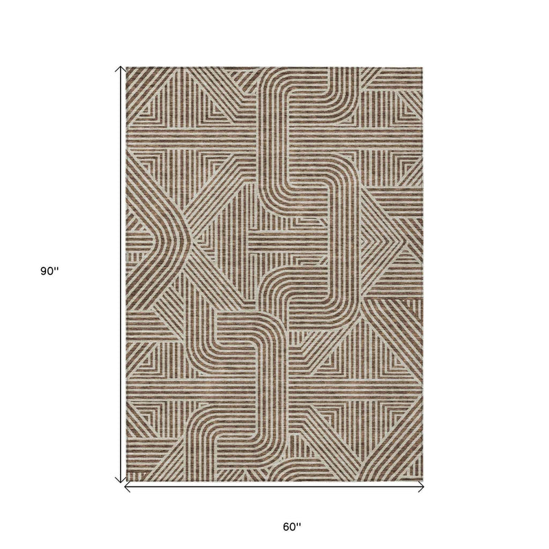 5' X 8' Brown And Beige Abstract Washable Indoor Outdoor Area Rug