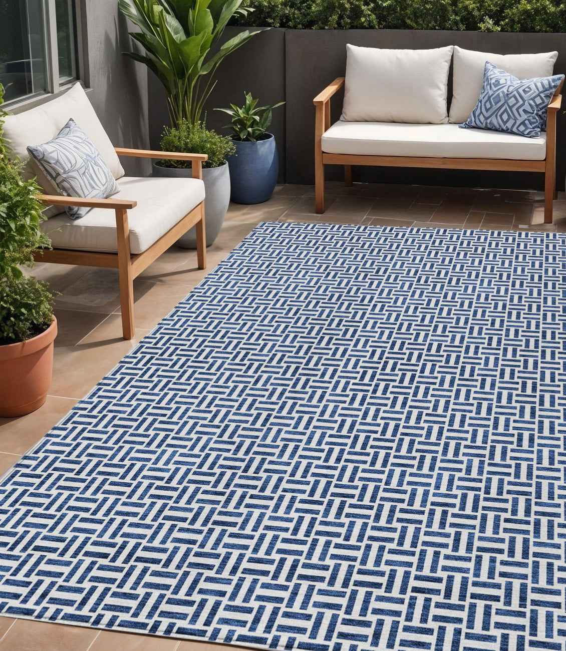 5' X 8' Navy Blue And Gray Geometric Washable Indoor Outdoor Area Rug