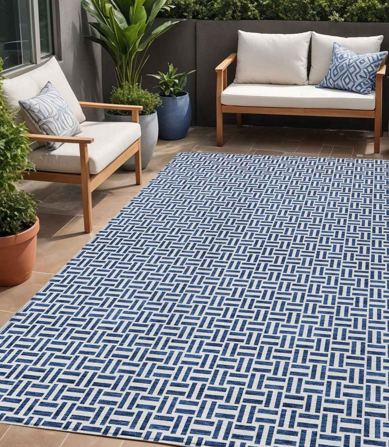 5' X 8' Navy Blue And Gray Geometric Washable Indoor Outdoor Area Rug