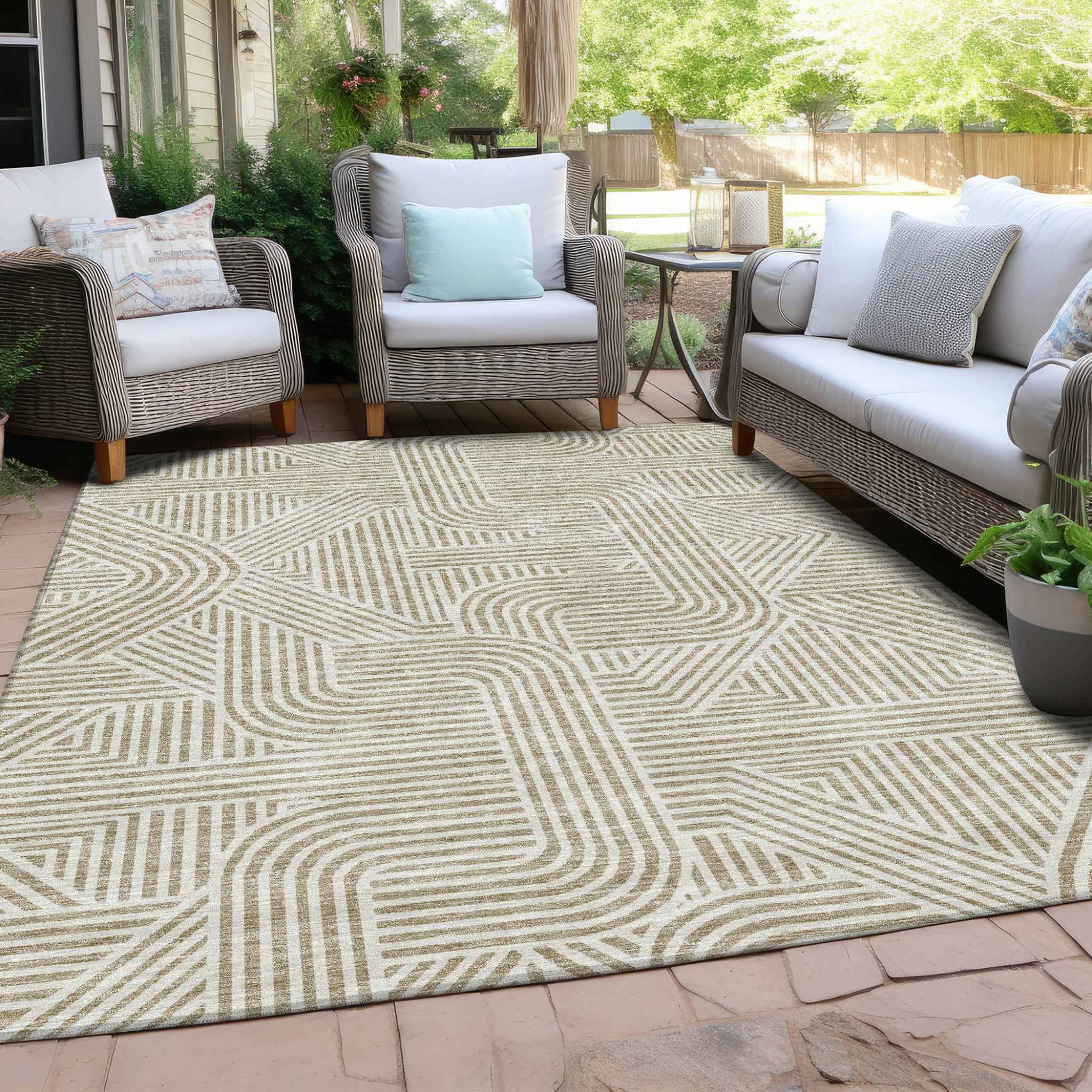 10' X 14' Beige And Brown Abstract Washable Indoor Outdoor Area Rug