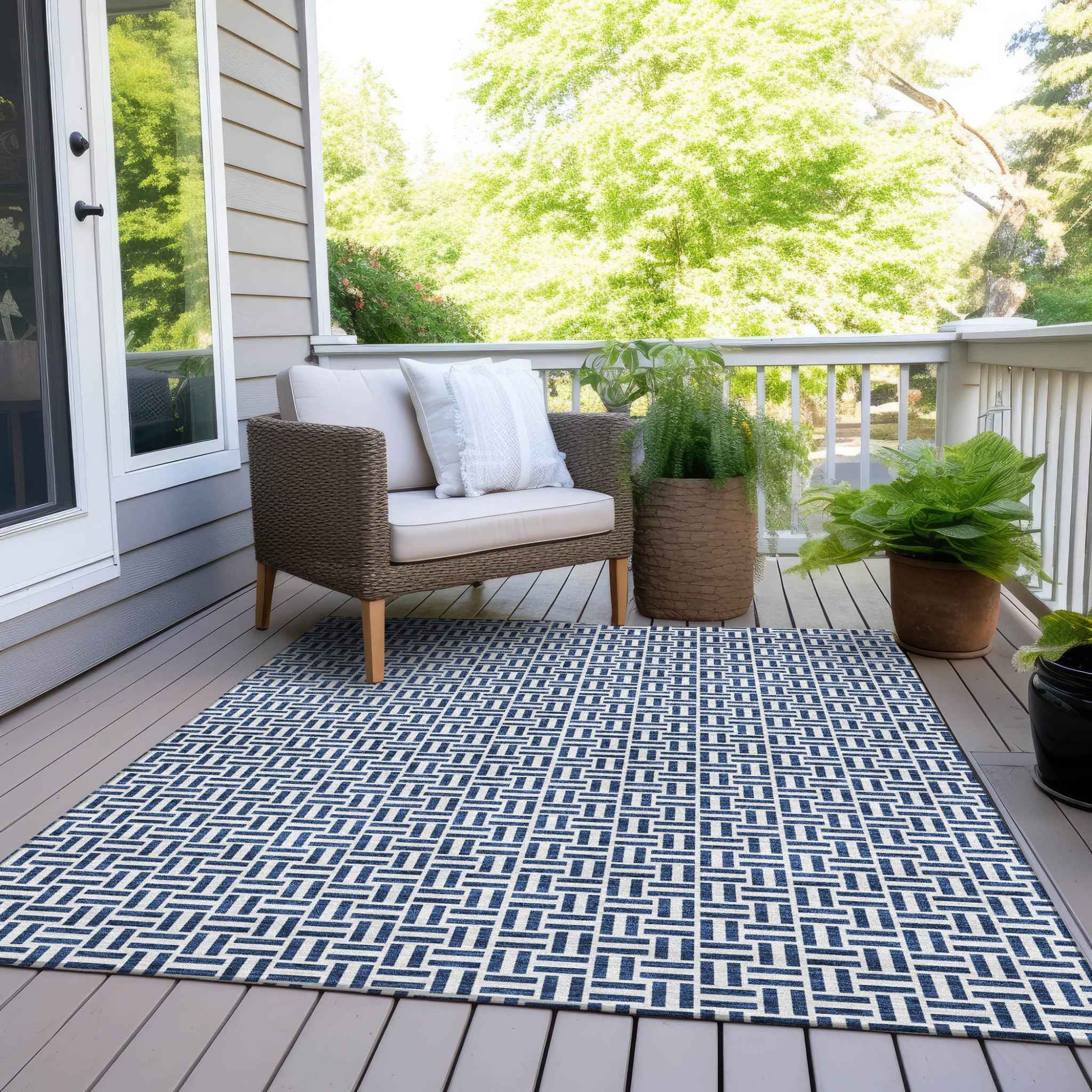 5' X 8' Navy Blue And Gray Geometric Washable Indoor Outdoor Area Rug