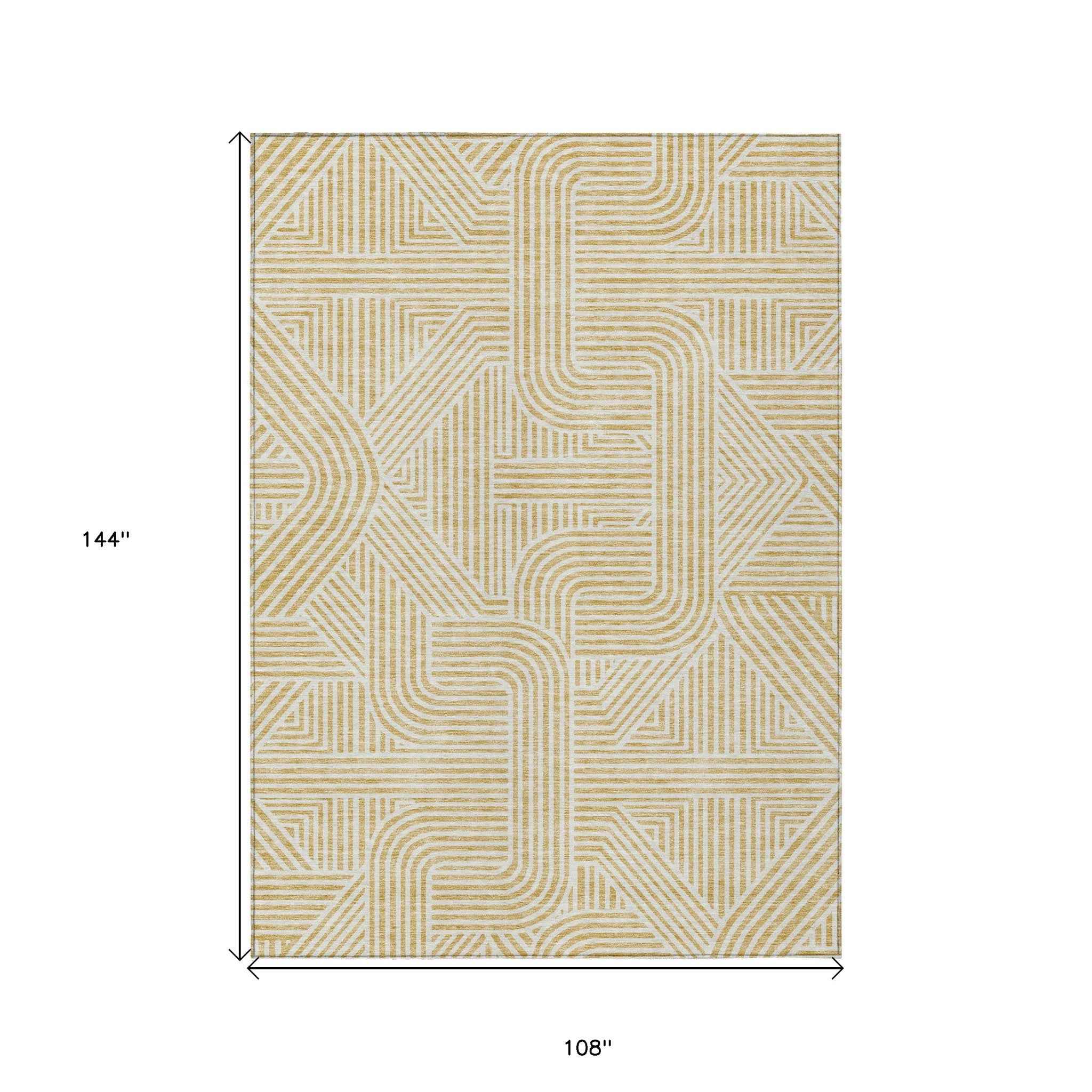 9' X 12' Gold And Beige Abstract Washable Indoor Outdoor Area Rug