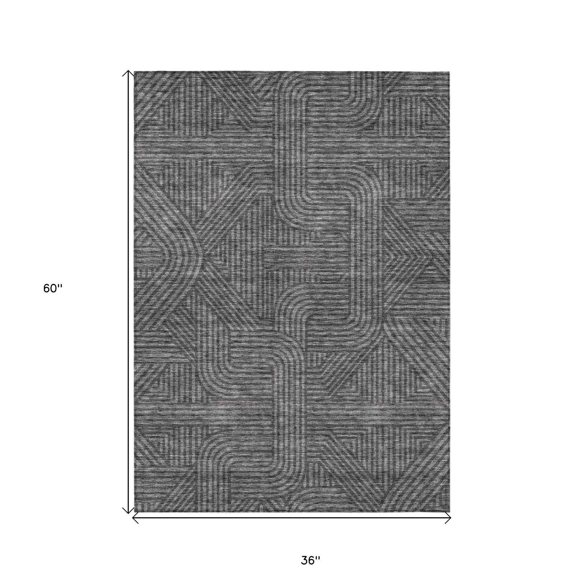 3' X 5' Charcoal And Gray Abstract Washable Indoor Outdoor Area Rug