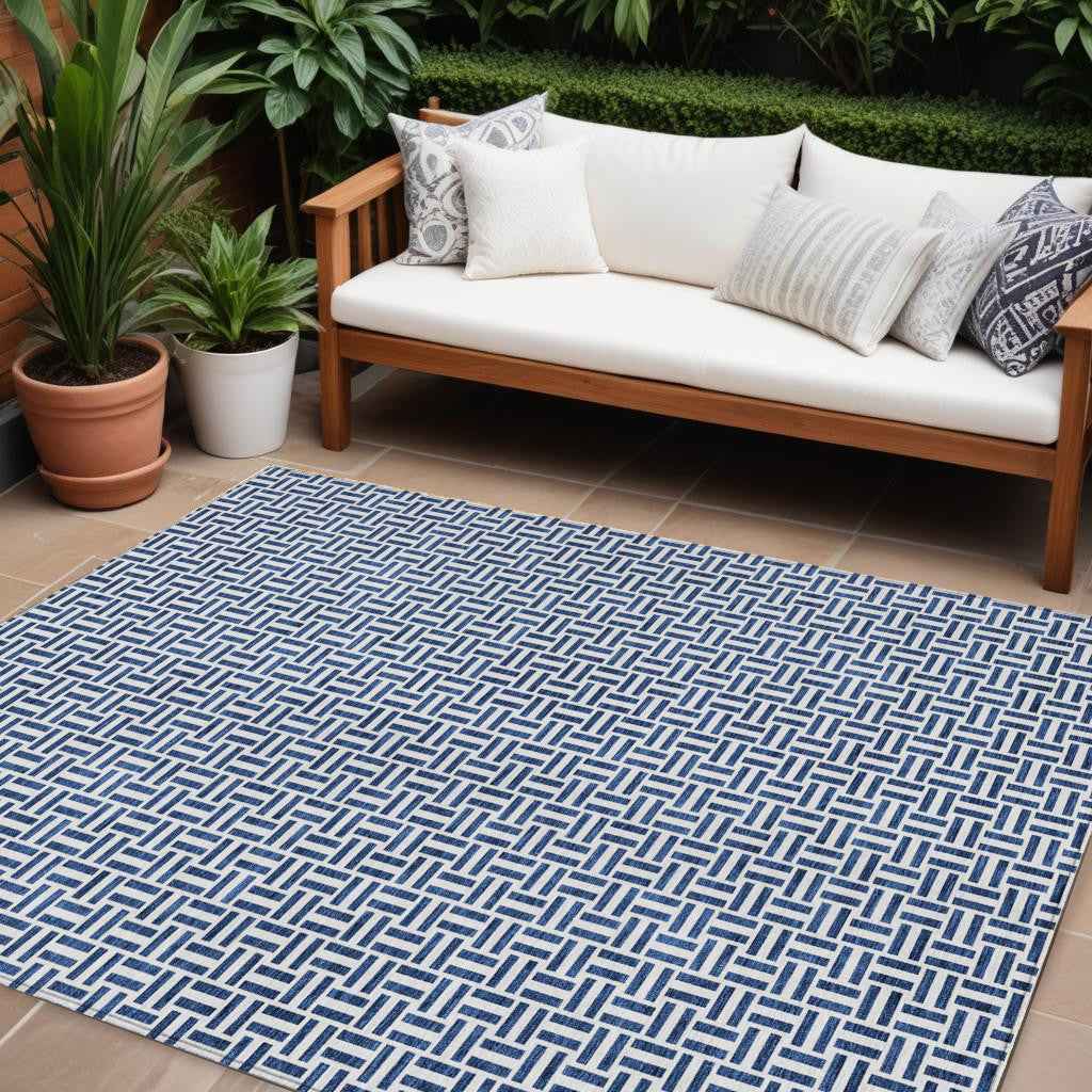9' X 12' Navy Blue And Gray Geometric Washable Indoor Outdoor Area Rug