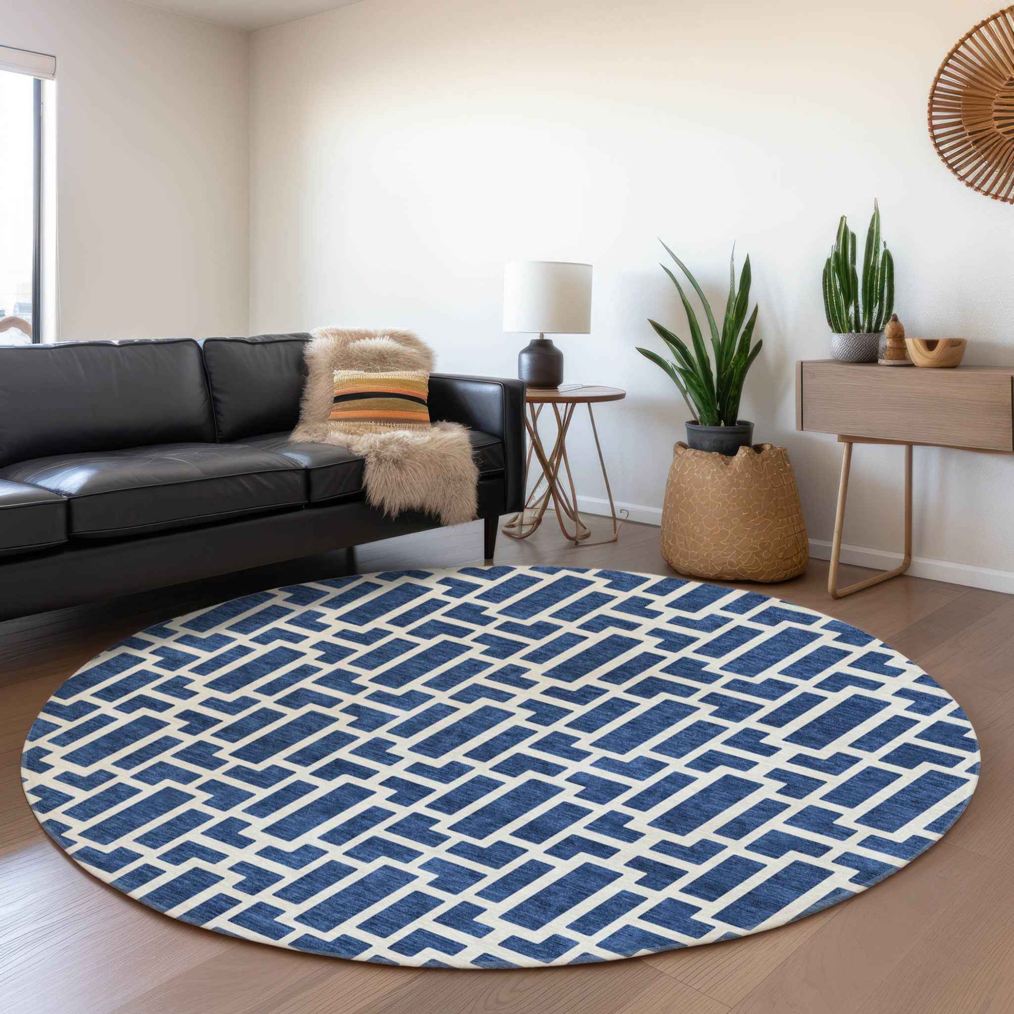 8' Navy Blue And Ivory Round Geometric Washable Indoor Outdoor Area Rug