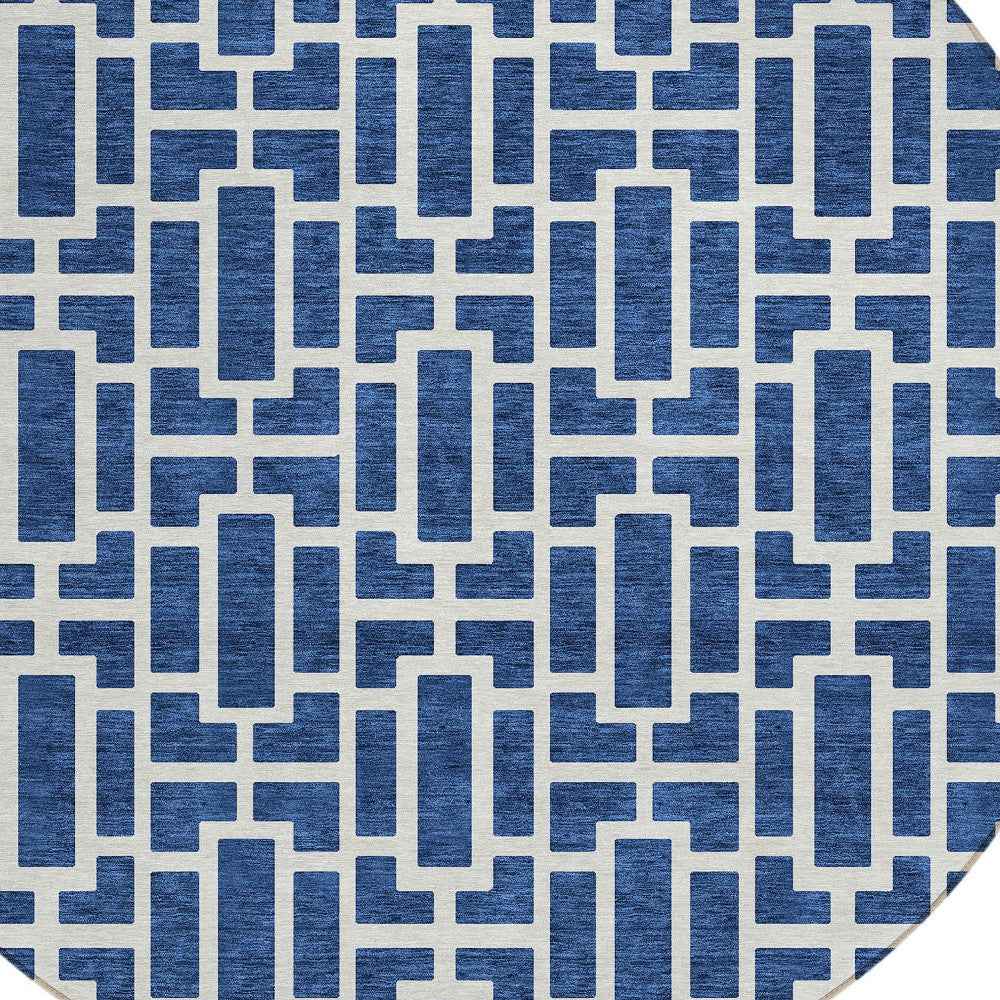 8' Navy Blue And Ivory Round Geometric Washable Indoor Outdoor Area Rug