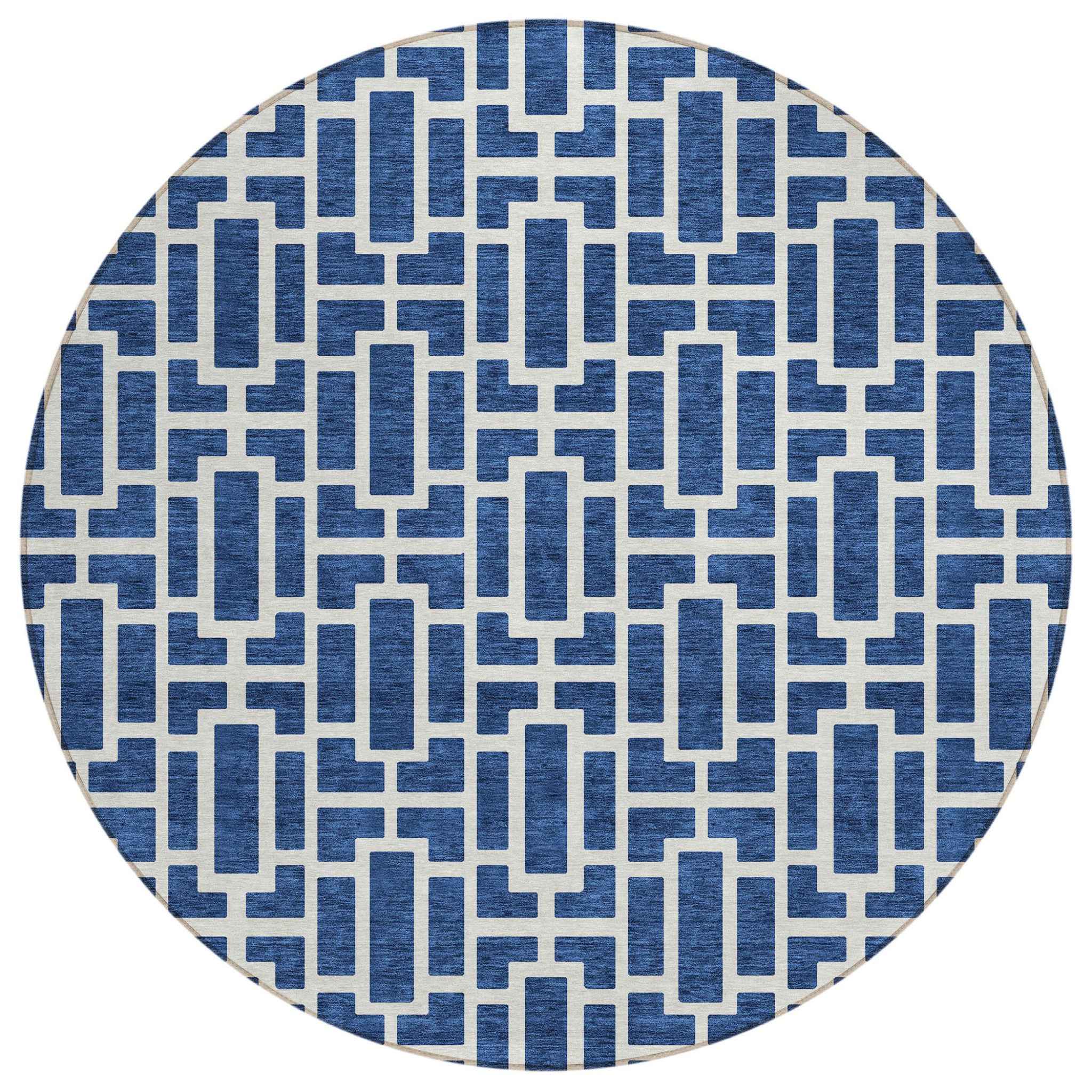 8' Navy Blue And Ivory Round Geometric Washable Indoor Outdoor Area Rug