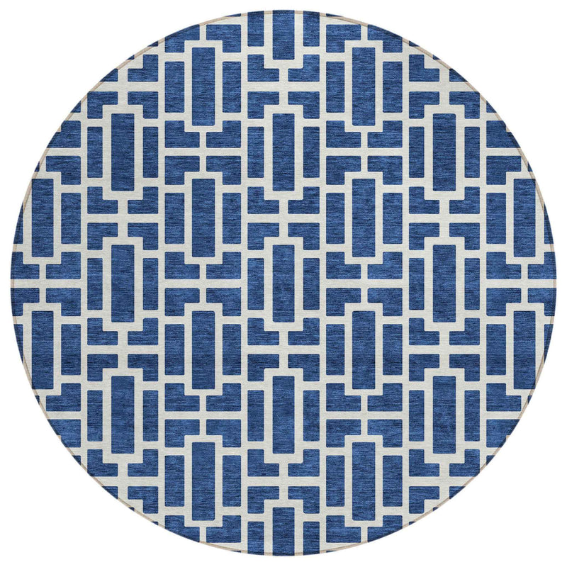 8' Navy Blue And Ivory Round Geometric Washable Indoor Outdoor Area Rug