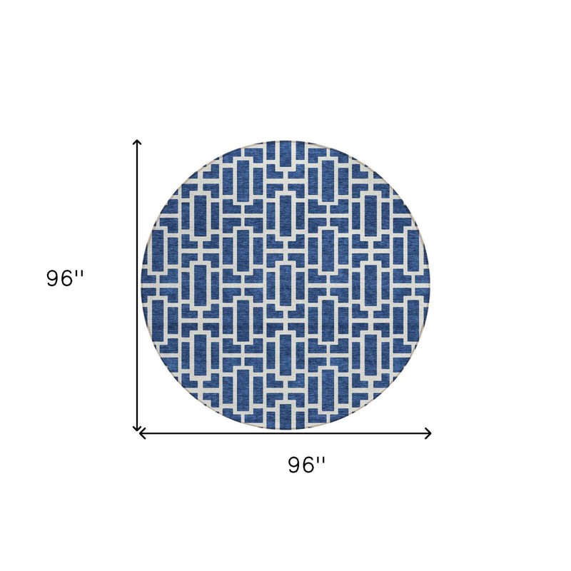 8' Navy Blue And Ivory Round Geometric Washable Indoor Outdoor Area Rug