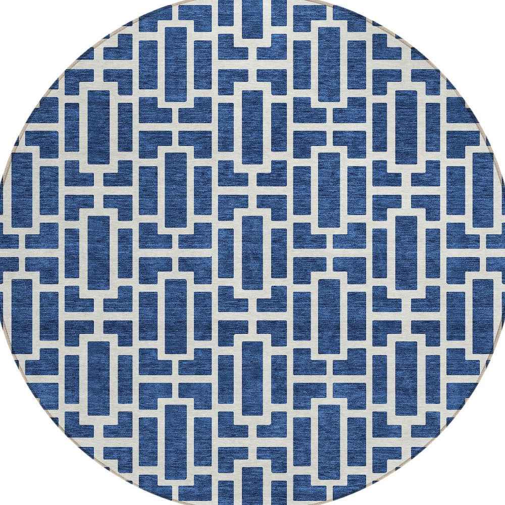 8' Navy Blue And Ivory Round Geometric Washable Indoor Outdoor Area Rug