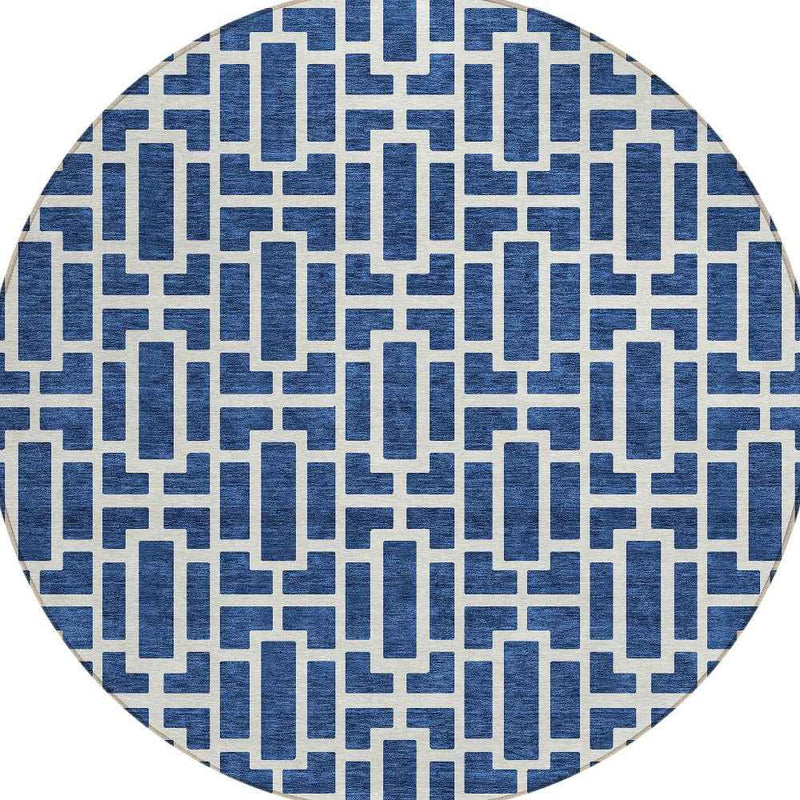8' Navy Blue And Ivory Round Geometric Washable Indoor Outdoor Area Rug