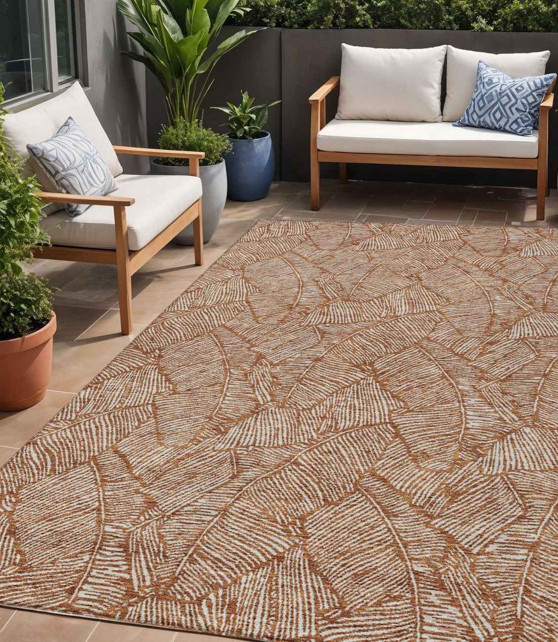 5' X 8' Copper And Beige Floral Washable Indoor Outdoor Area Rug