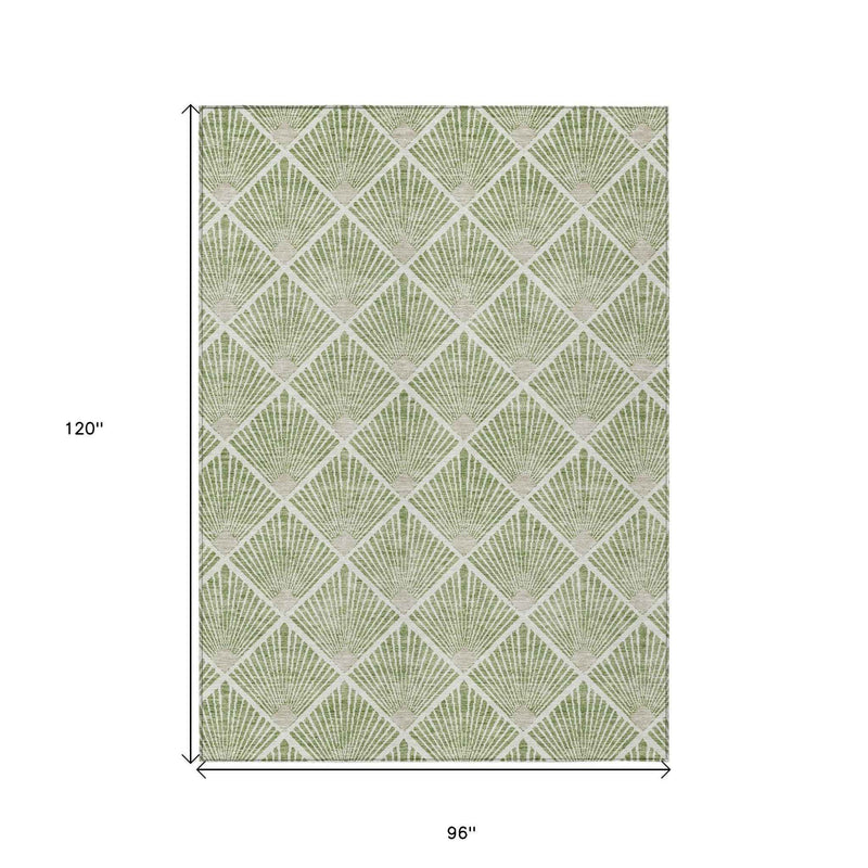 8' X 10' Green Beige And Ivory Geometric Washable Indoor Outdoor Area Rug
