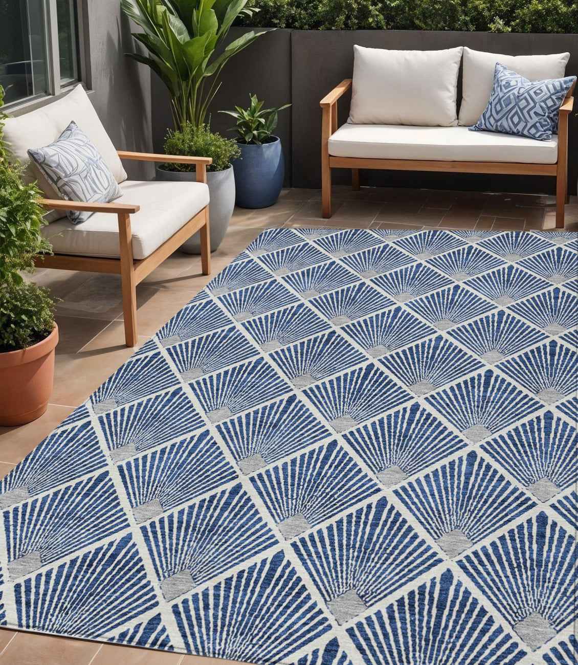 5' X 8' Navy Blue Gray And Ivory Geometric Washable Indoor Outdoor Area Rug