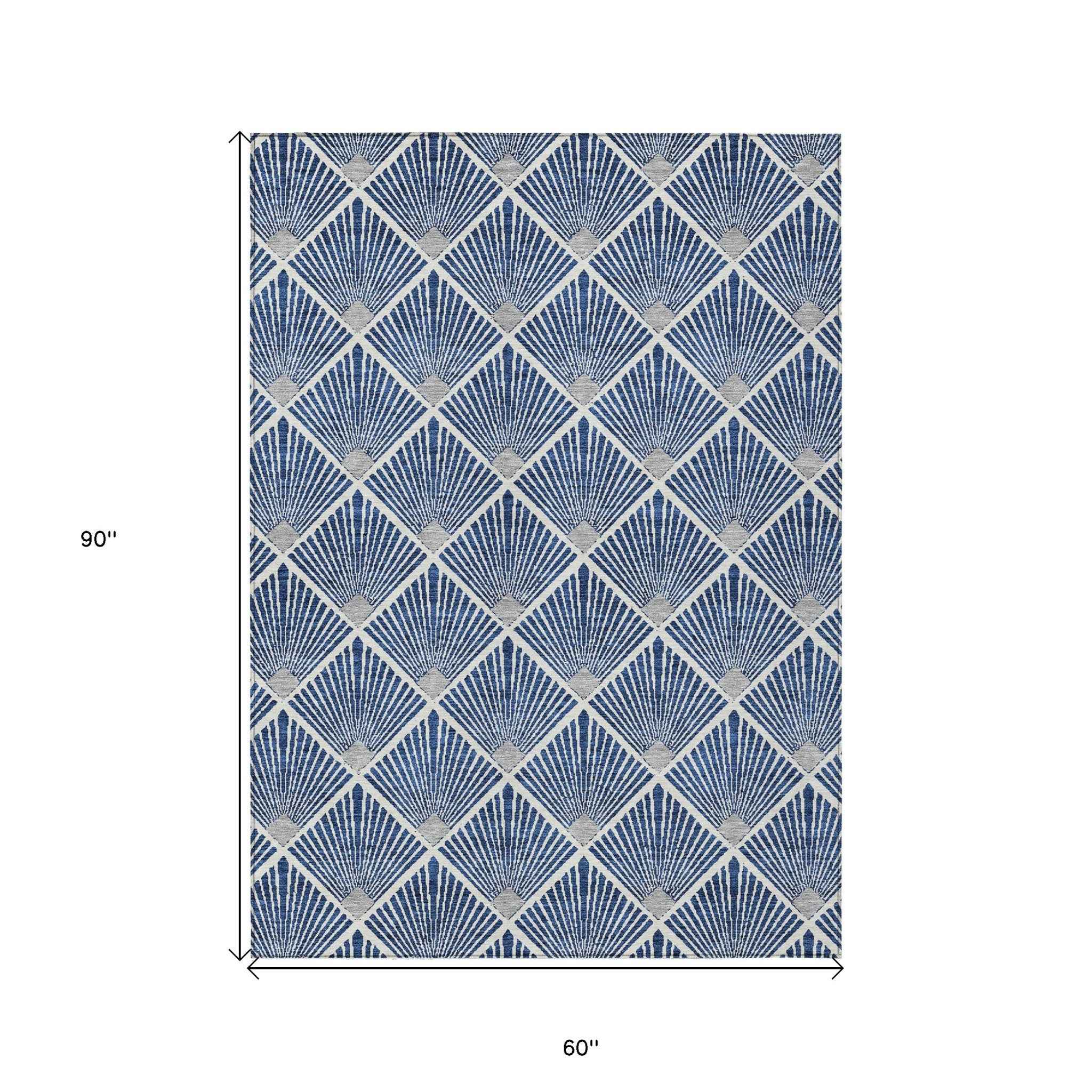 5' X 8' Navy Blue Gray And Ivory Geometric Washable Indoor Outdoor Area Rug