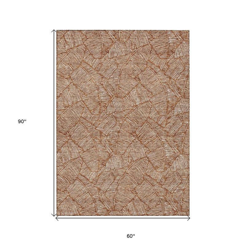 5' X 8' Copper And Beige Floral Washable Indoor Outdoor Area Rug
