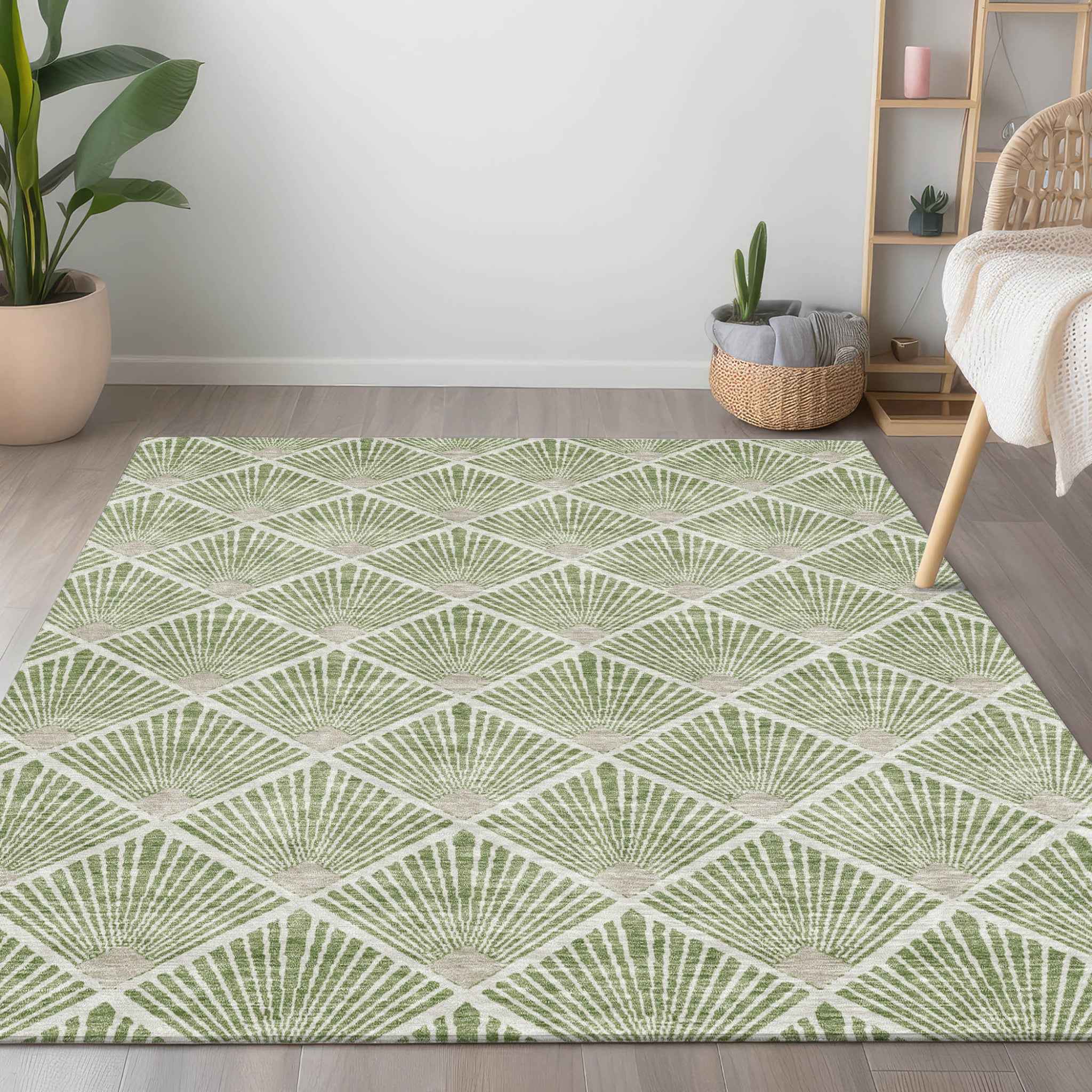 8' X 10' Green Beige And Ivory Geometric Washable Indoor Outdoor Area Rug