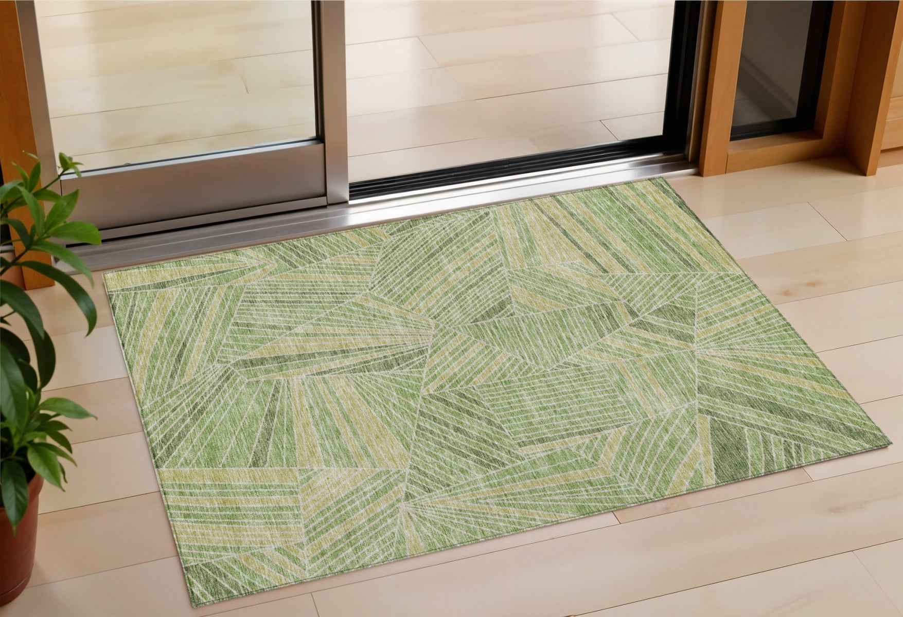 3' X 5' Green And Olive Green Geometric Washable Indoor Outdoor Area Rug