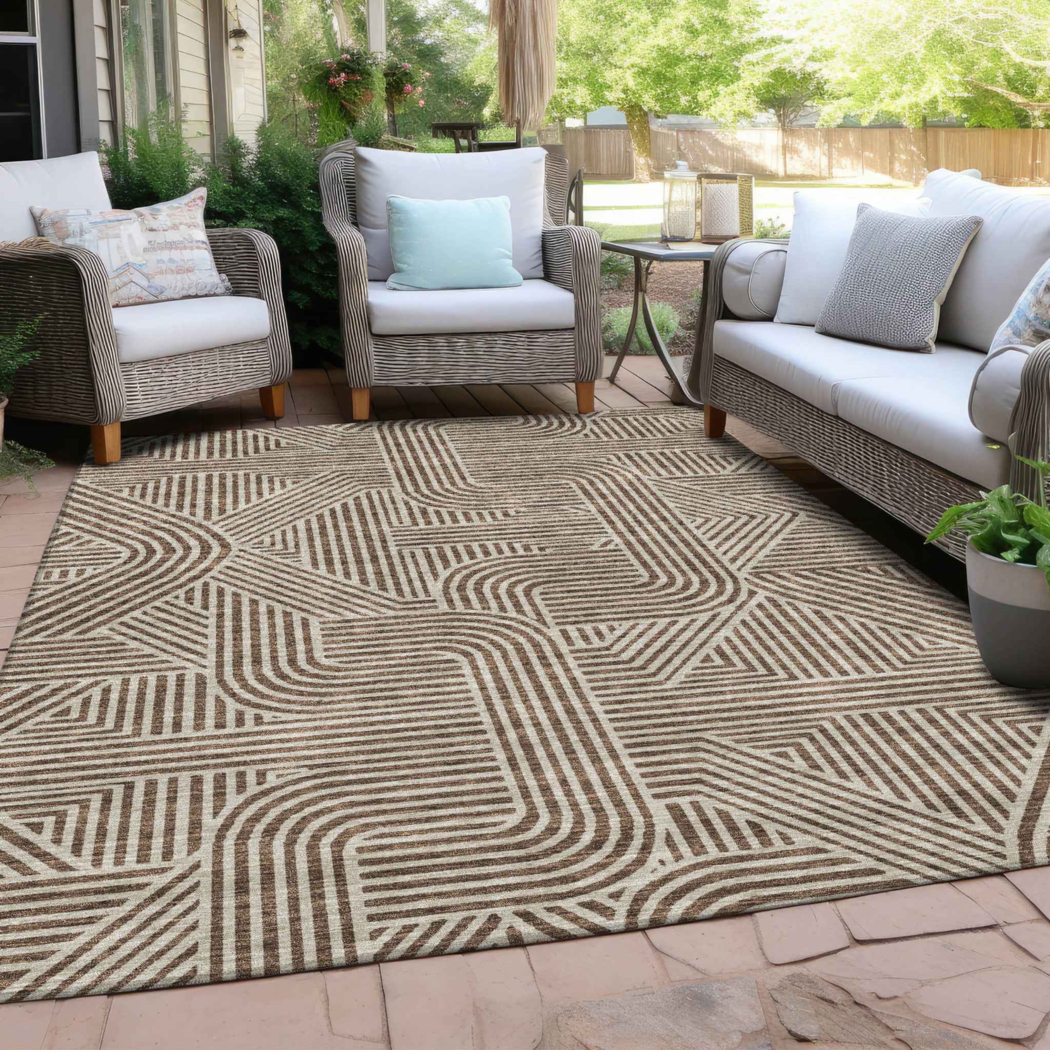 8' X 10' Brown And Beige Abstract Washable Indoor Outdoor Area Rug