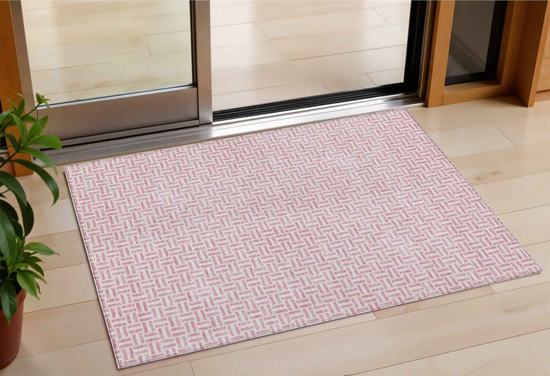 3' X 5' Pink And Silver Geometric Washable Indoor Outdoor Area Rug